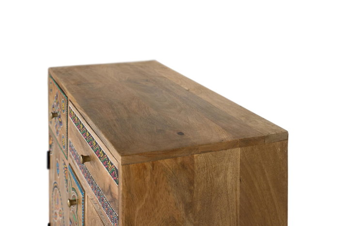 GINER Y COLOMER - Commode Fabricée à la Main en Bois de Manguier Naturel - Meuble Auxiliare avec 2 Portes et 5 Tiroirs de Stockage - Détails Peints à la Main